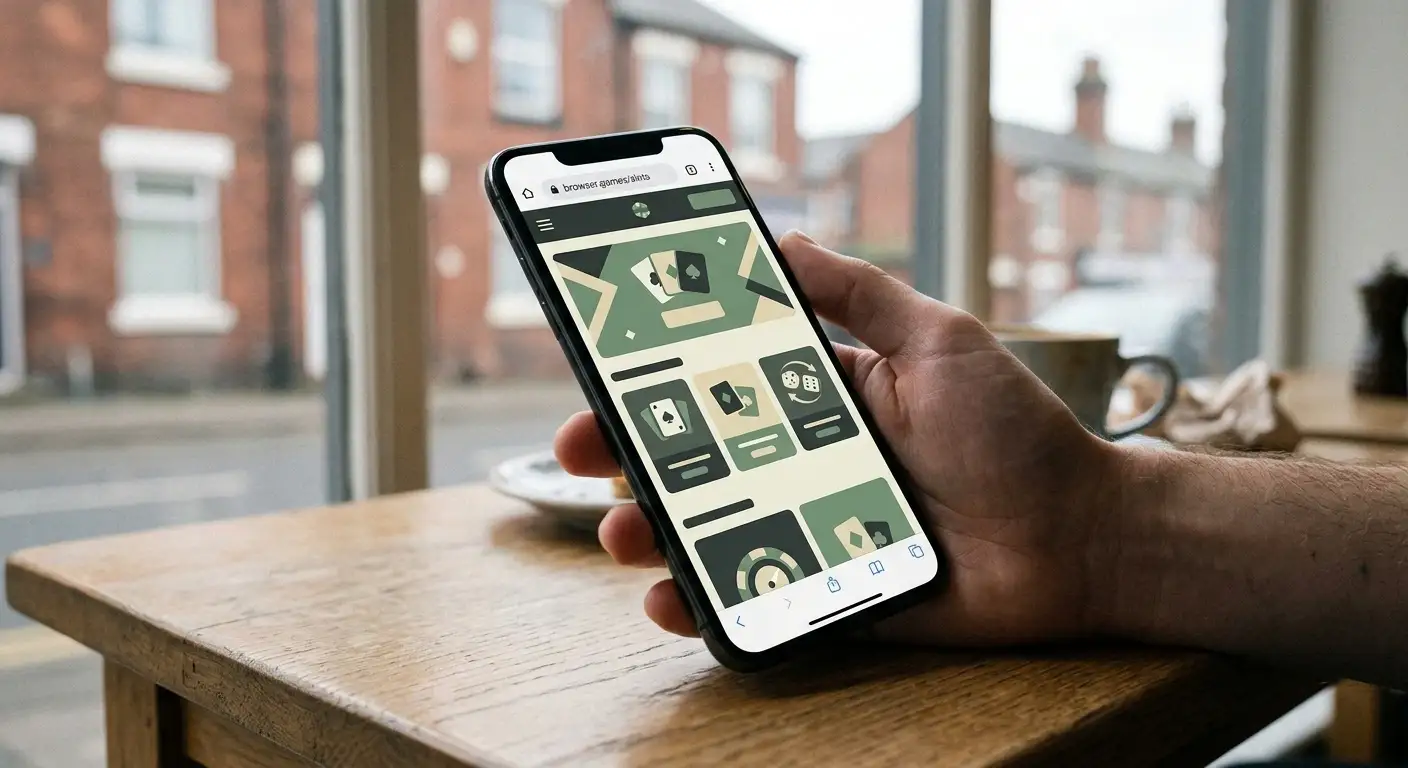 Conceptual mobile casino browser experience on a smartphone in a neutral UK setting