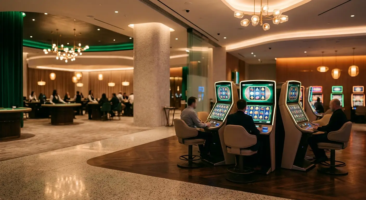 Conceptual online casino lobby with slots and live tables