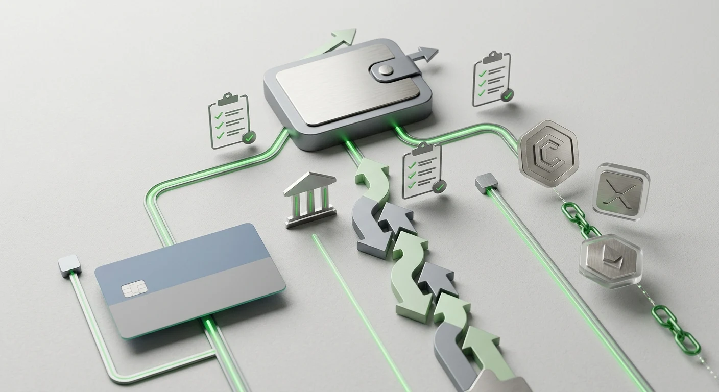 Conceptual payment comparison with card, bank and cryptocurrency routes