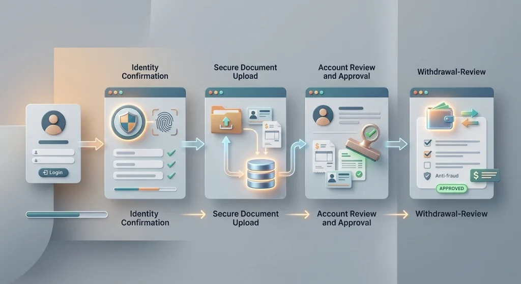 Conceptual account verification process with identity checking and withdrawal review stages