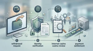 Illustration of a casino cashout moving through request, verification, review and payment settlement stages