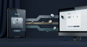 Illustration of cryptocurrency payment routes connecting a digital wallet with an online casino cashier